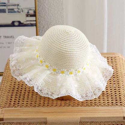Sombrero de paja con encaje de margaritas para niños, fino y con protección UV