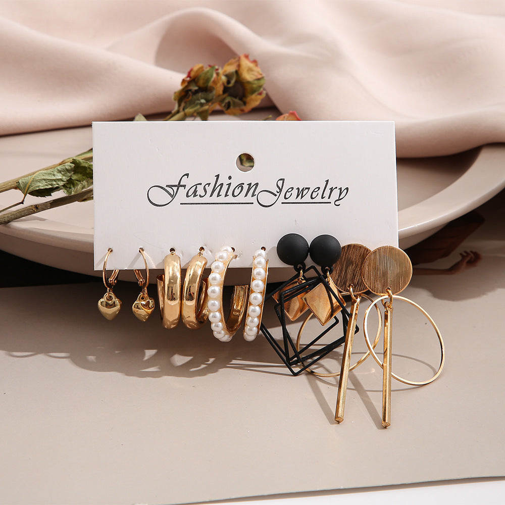 Geometric Alloy Pearl Earring Set