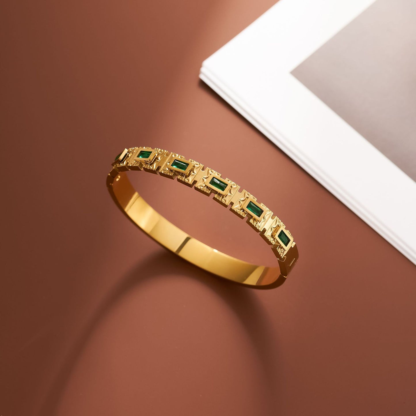 18K Gold-Plated Titanium Steel Bracelet with Green Square Zircon
