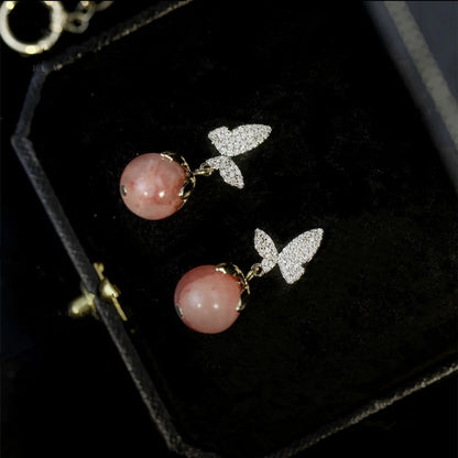 Butterfly Love Flower Pink Opal Earrings