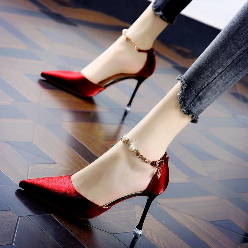 Sexy satin with red soles and high heels