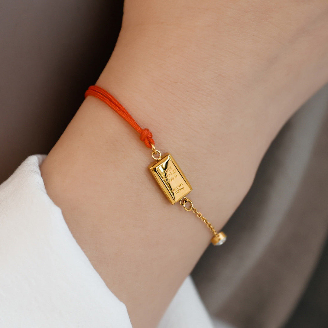Women's Red Cord Woven Bracelet with Gold Bar — Non-Fading Asymmetric Gift