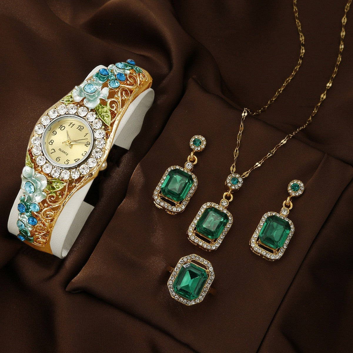 Watch Square Peacock Water Drop Jewelry Set