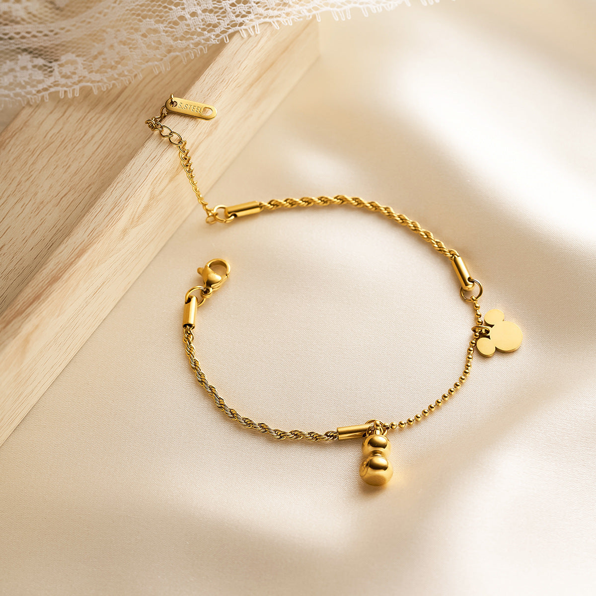Women's Titanium Steel Gourd & Mickey Twist-Chain Bracelet — Non-Fading