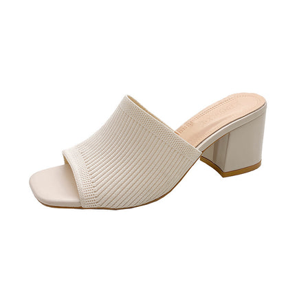 One-word thick heel knitted wool high heels