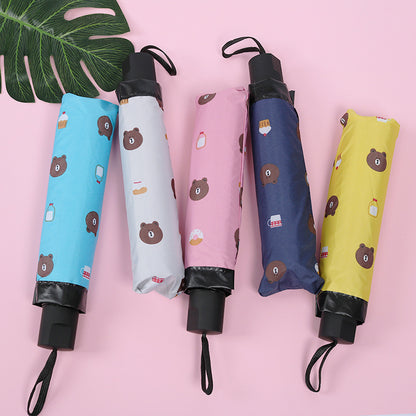 Black Coating Bear Plaid Daisy Feather Folding Umbrella