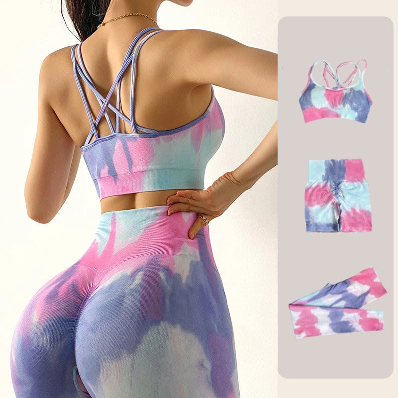 Conjunto de yoga de cintura alta con efecto tie-dye sin costuras 
