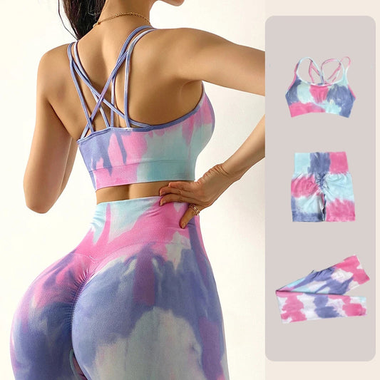 Conjunto de yoga de cintura alta con efecto tie-dye sin costuras 