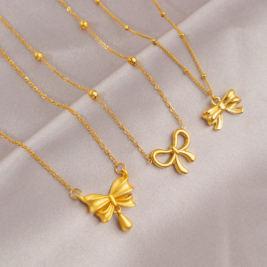 Women's Titanium Steel Bow & Gold Bead Collarbone Necklace