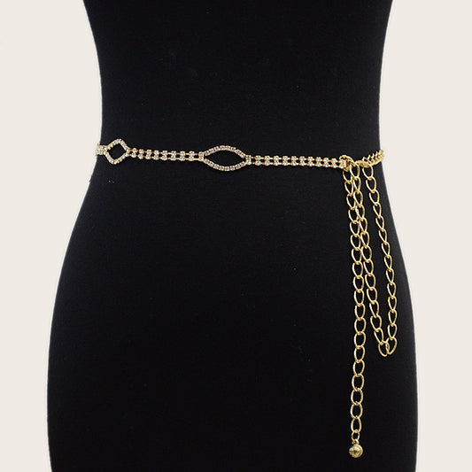 Double row rhinestone inlaid waist chain
