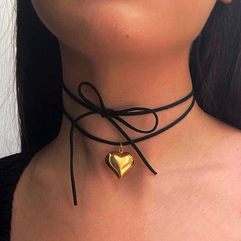 Adjustable Bow Heart Pendant Choker