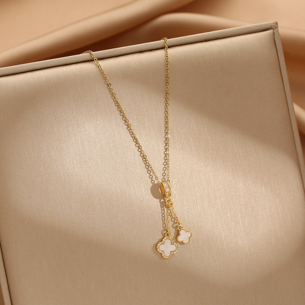 Titanium Steel Clover Necklace with Zircon Tassel — Women's Clavicle Chain