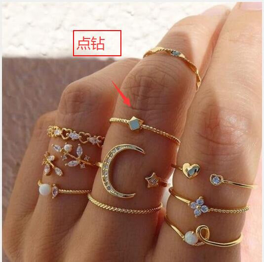 Star Moon & Leaf 10-Piece Ring Set