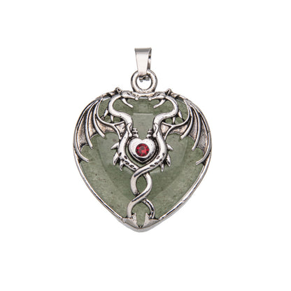 Pingente de coração de gema envolto em dragão de asa dupla vintage de cristal 