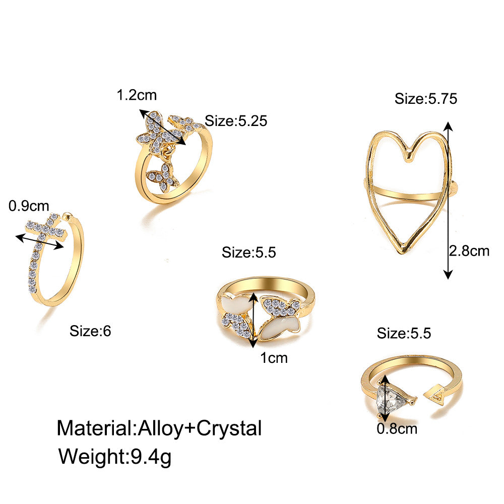Diamond Butterfly & Love 5-Piece Ring Set