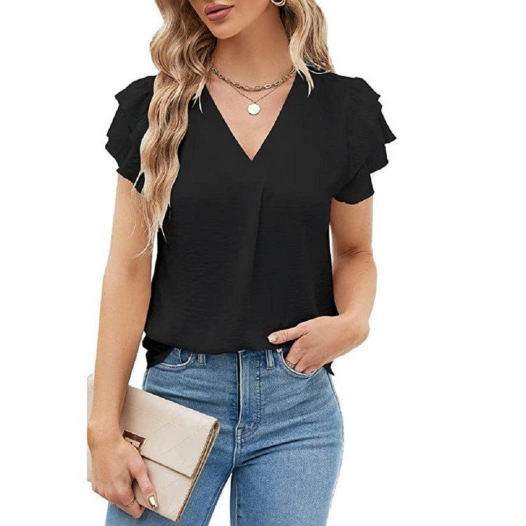 V-neck chiffon ruffle shirt short sleeve