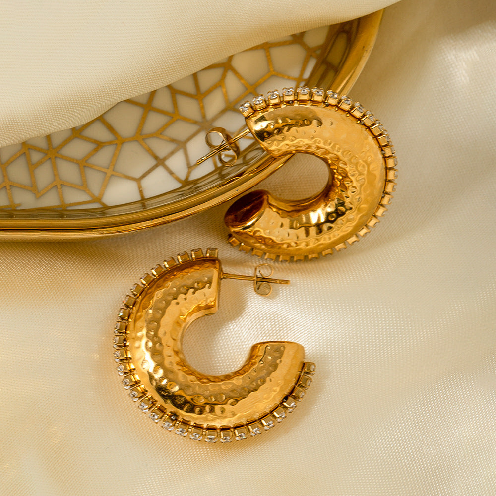 Hammered White Diamond C-Shaped Earrings