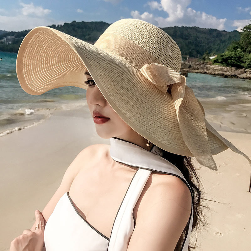 Beach Straw Hat Wide-Brim UV Protection Foldable with Bow