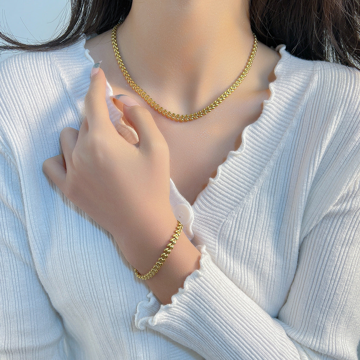Minimalist Gold Titanium Steel Wheat Chain Necklace