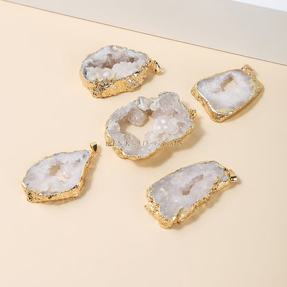 Electroplated gold edge agate crystal hole pendant