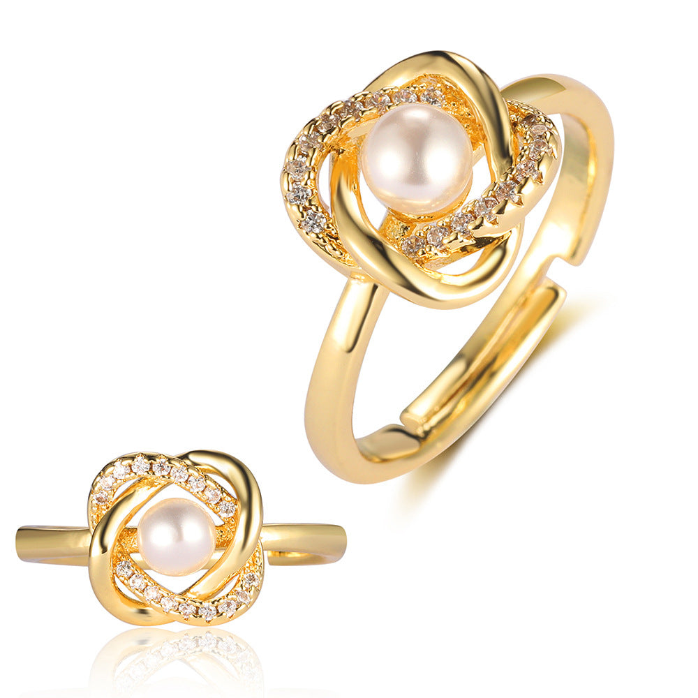 Pearl Flower Love Lock Bow Ring