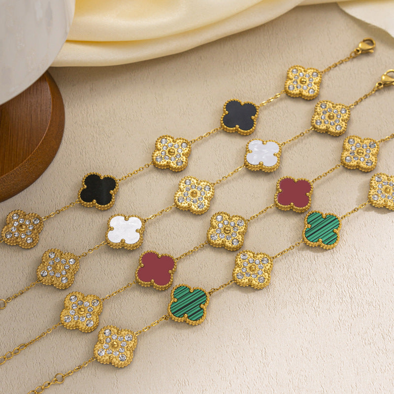 Elegante pulsera de trébol de cuatro hojas, diamantes de imitación, dos estilos 