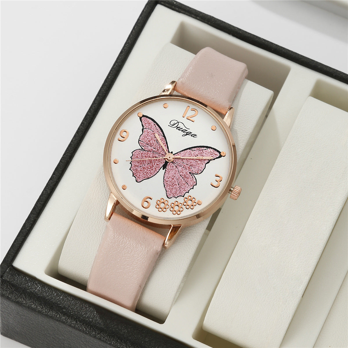 Butterfly Round Leather Watch Set