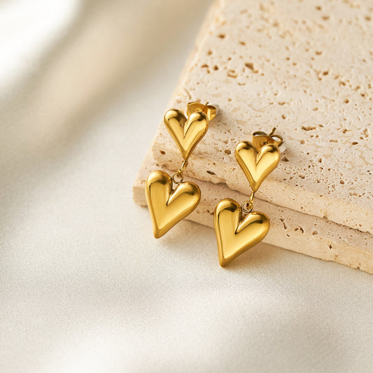 Women's Titanium Steel Double-Love Stud Earrings — 18K Gold-Plated, Non-Fading