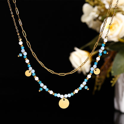 Cut natural stone stainless steel round card double-layer necklace