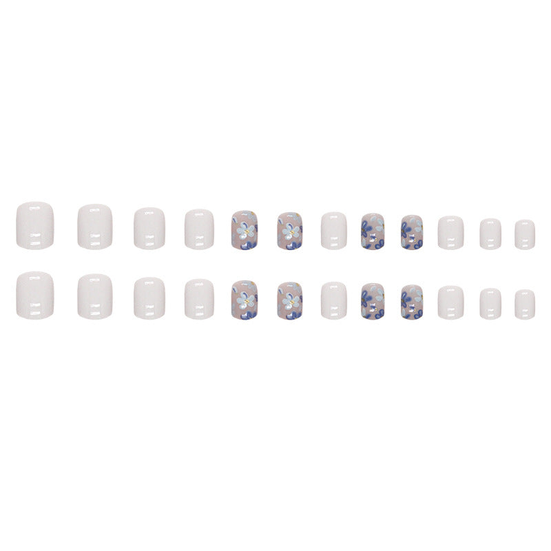 Short Blue Vintage Floral Square Fake Nails