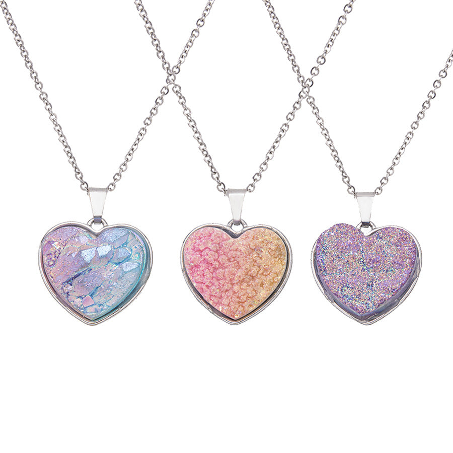 Electroplated dyed crystal stainless steel heart-shaped necklace