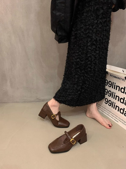 Casual one-word buckle thick-heeled small leather shoes