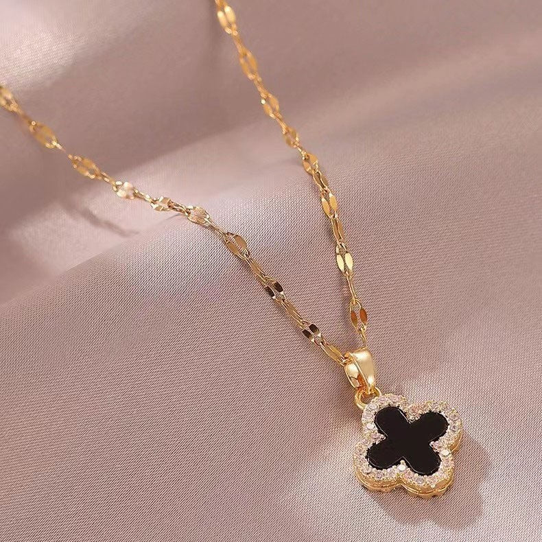 Black & White Four-Leaf Clover Necklace