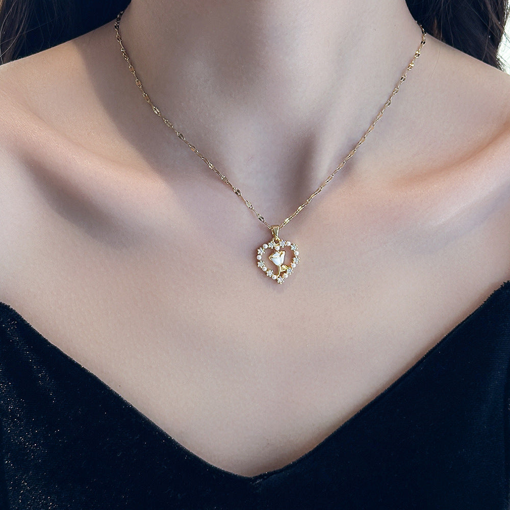 Titanium Steel Rose & Pearl Collarbone Necklace