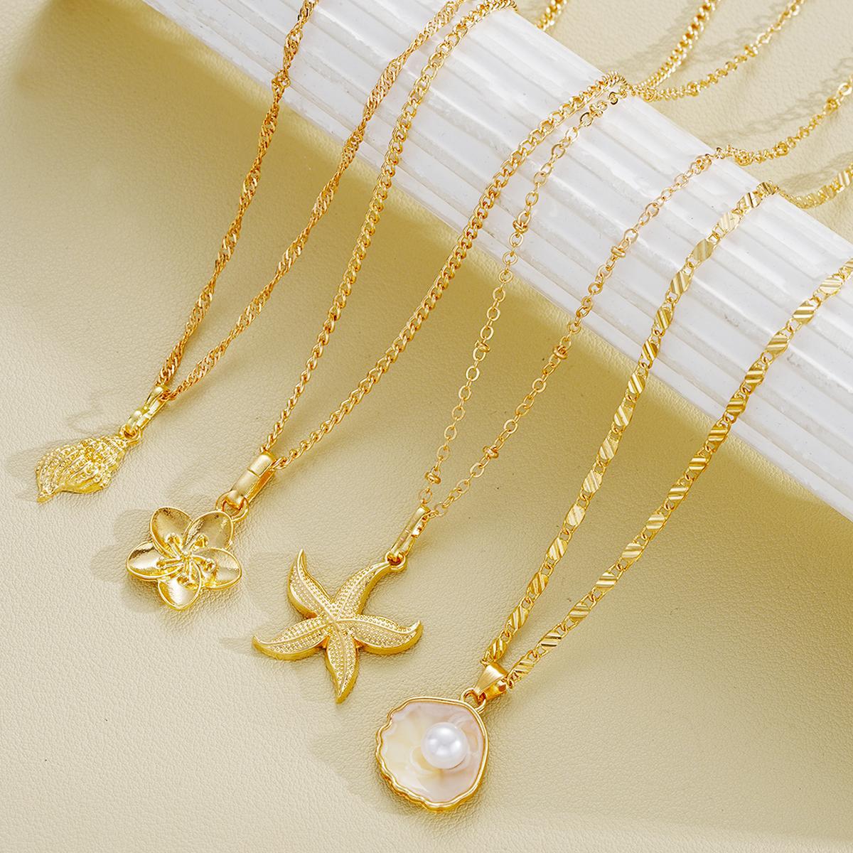 Resin Pearl Starfish Shell Flower Necklace Set