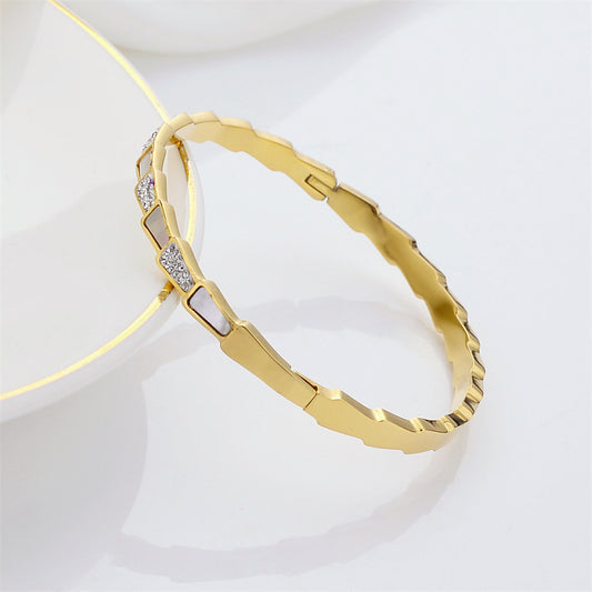 Snake Bone Shell Titanium Steel Bracelet with Micro Zircon Fan-Leaf Charm