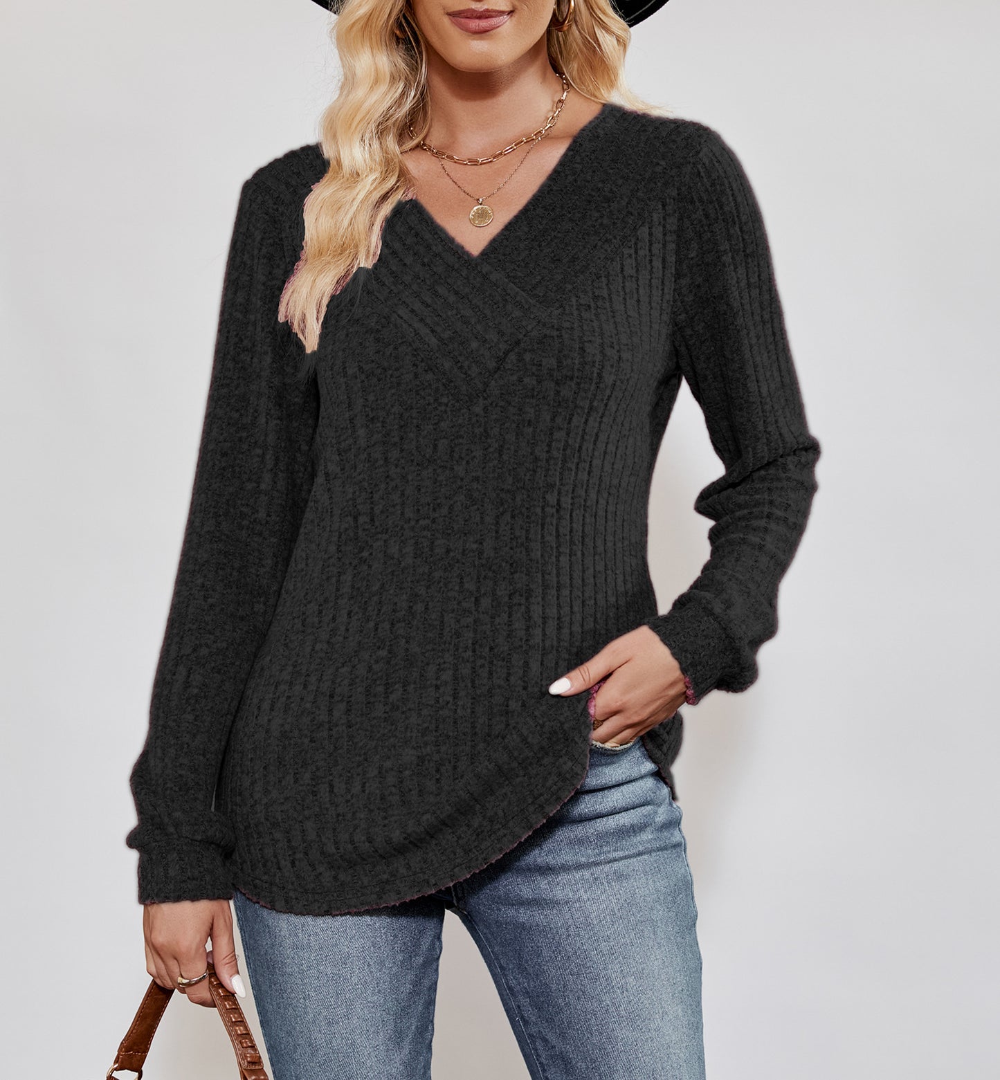Solid color pit strip women's long-sleeved T-shirt