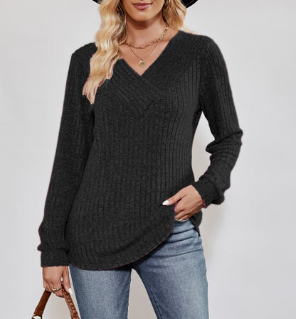 Solid color pit strip women's long-sleeved T-shirt