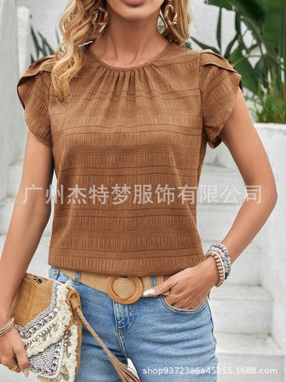 Crew Neck Petal Sleeve Temperament Short Sleeve Top