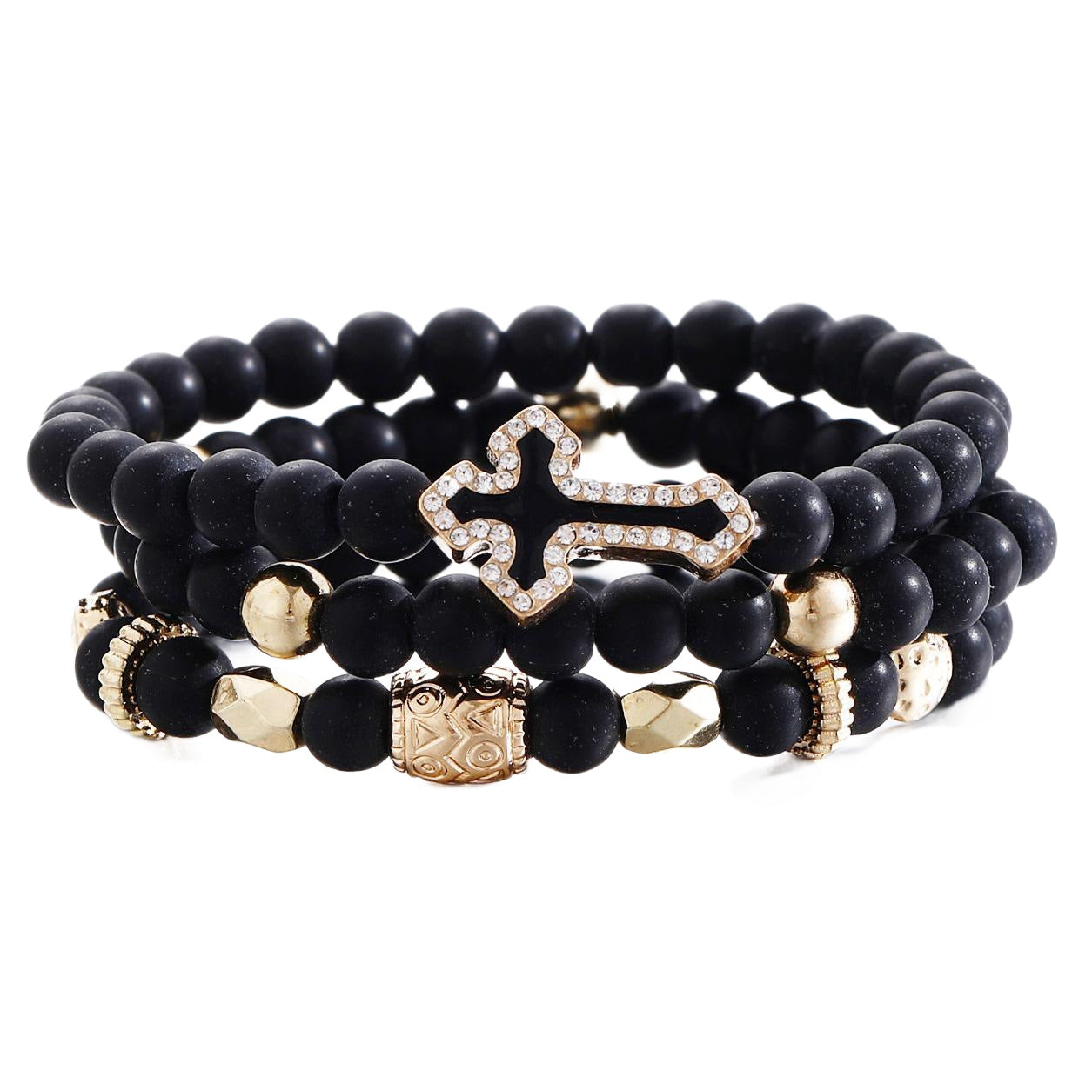 Matte Gold Bead Cross Bracelet Set