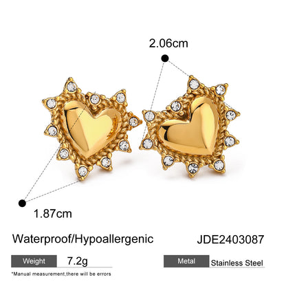 18k gold stainless steel heart rhinestone earrings