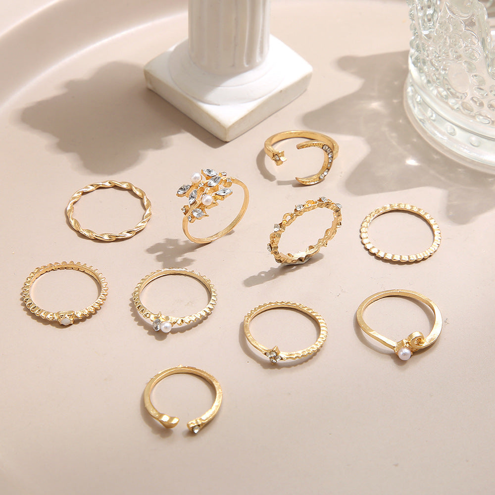 Star Moon & Leaf 10-Piece Ring Set