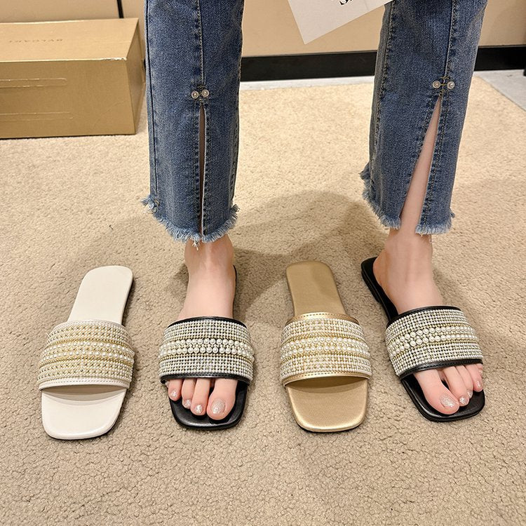 Flat-bottomed rhinestone pearl slippers