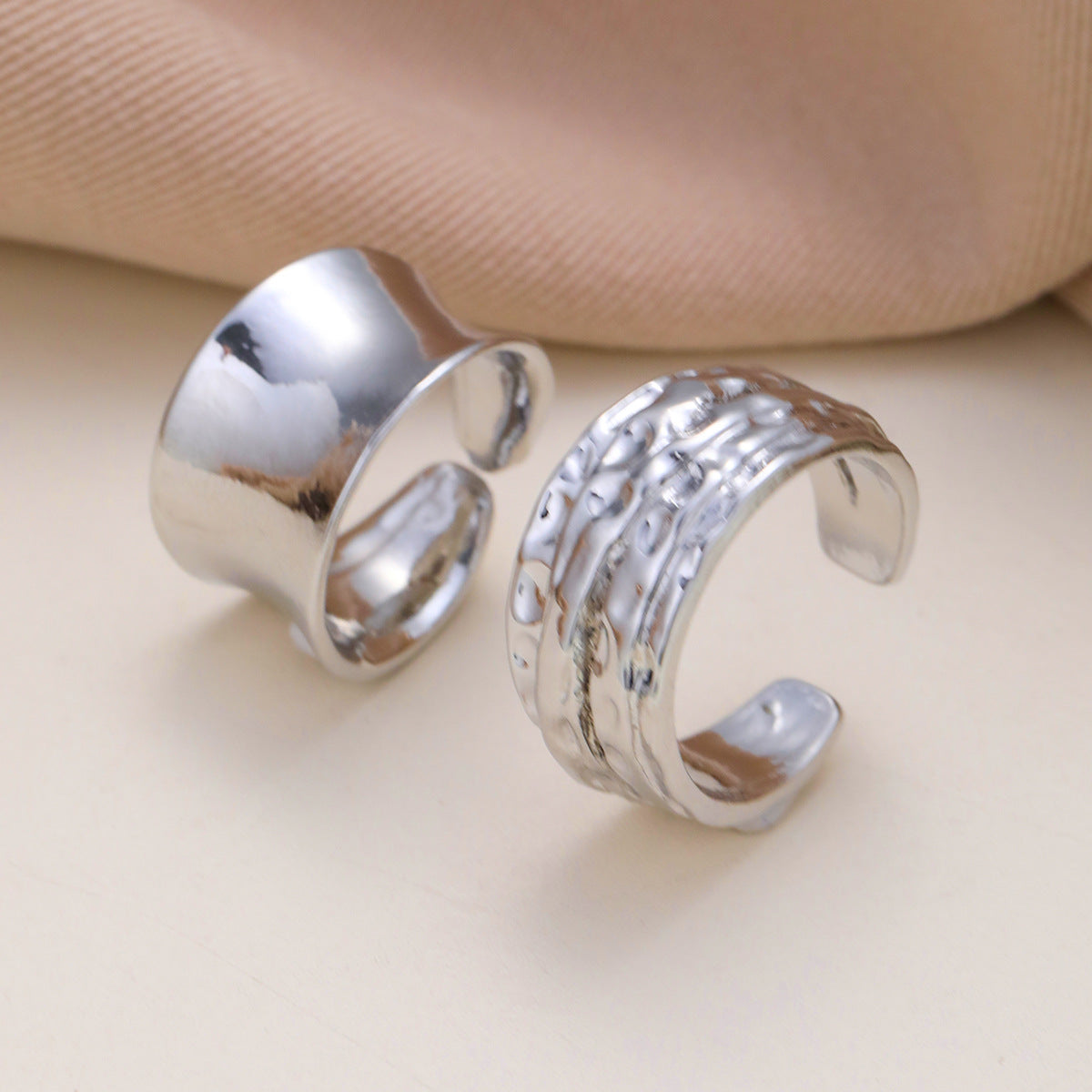 Irregular Wide Hammered Ring Set