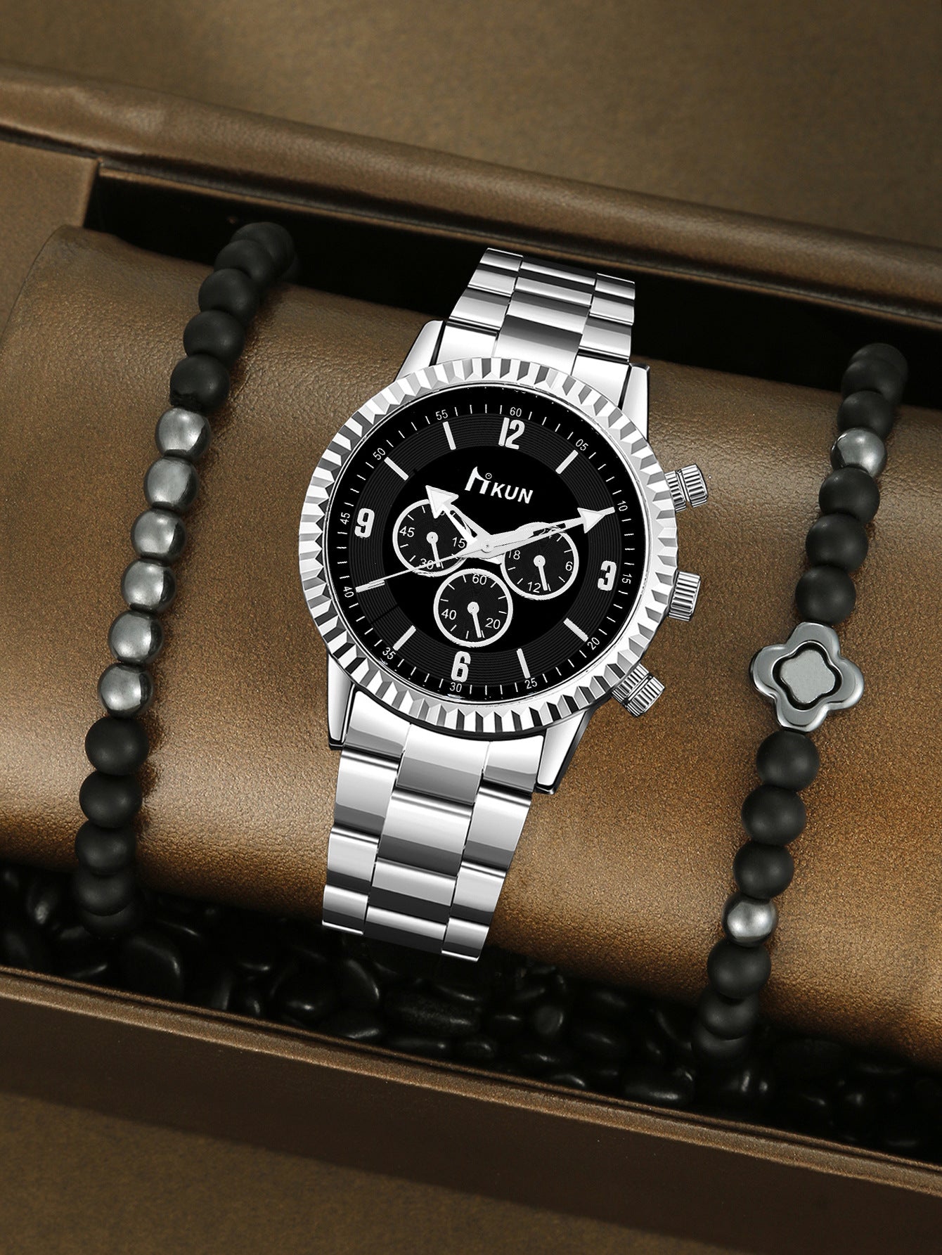 Personalized steel belt watch beaded bracelet set