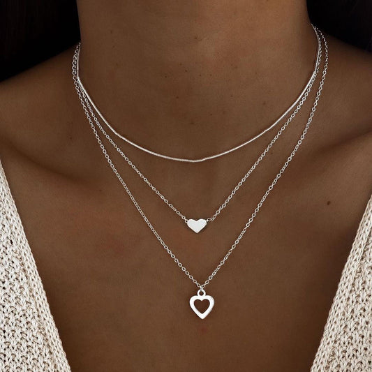 Double Heart Pendant Necklace 3-Piece Set