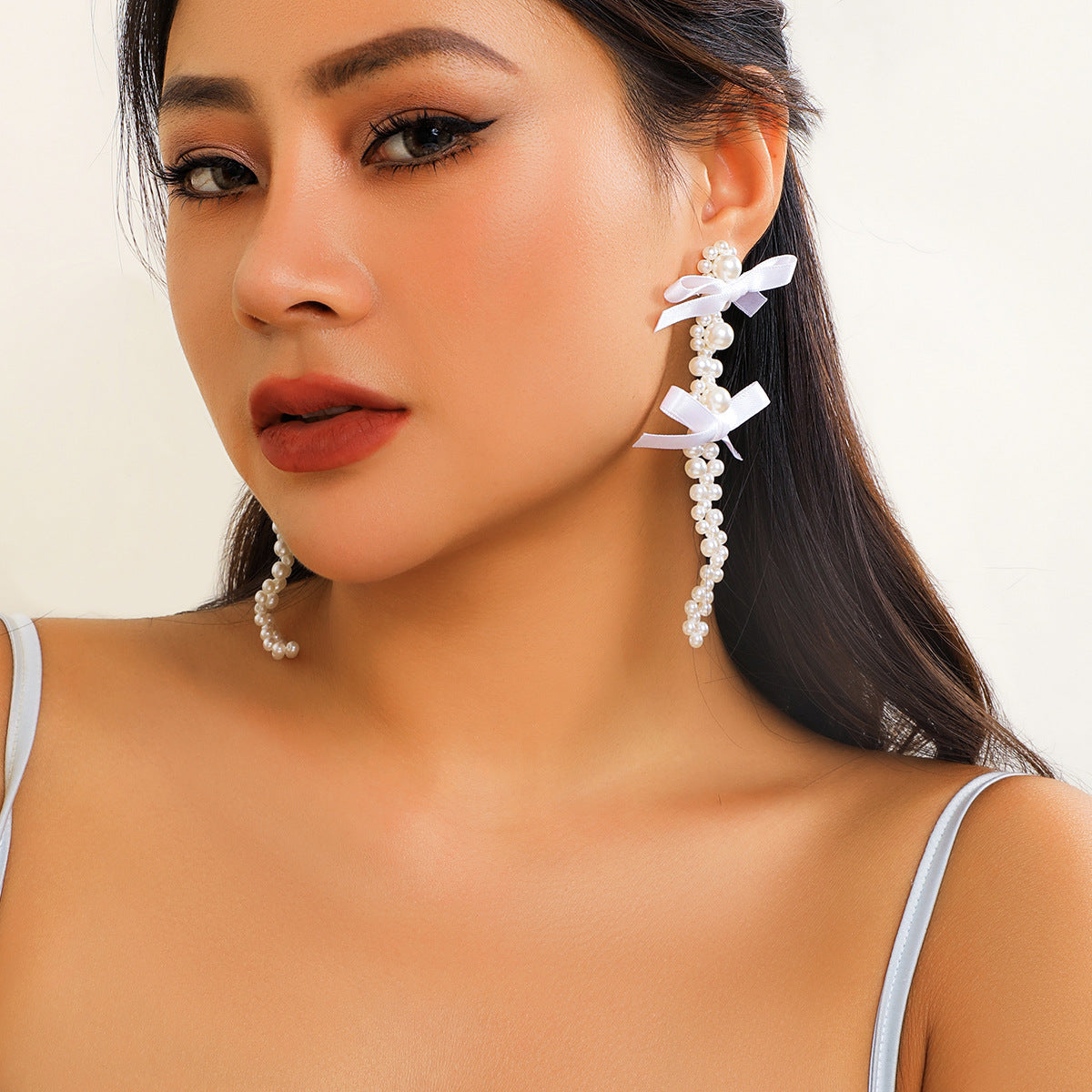 Bow ribbon crystal flower stud earrings