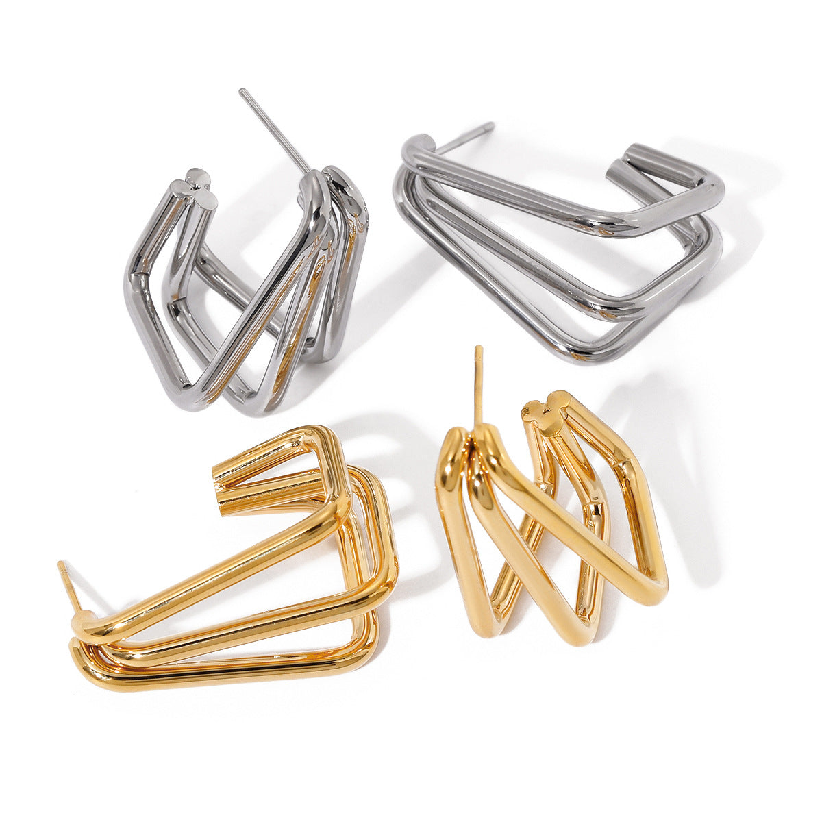 Three-layer square polished earrings