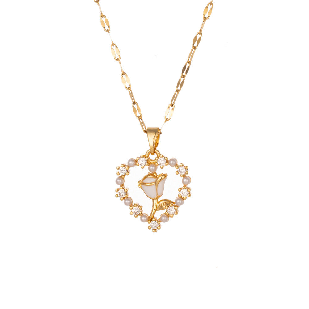 Titanium Steel Rose & Pearl Collarbone Necklace