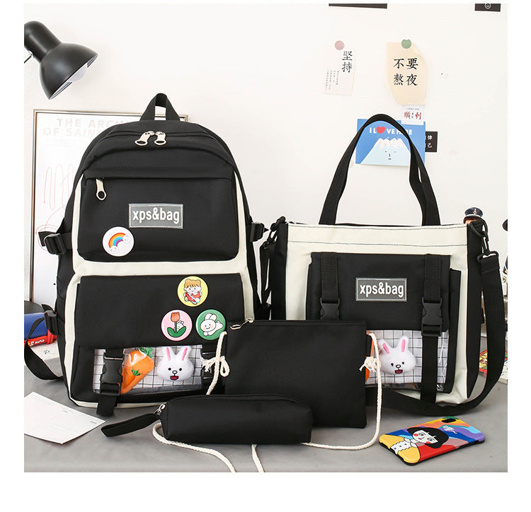 4-piece student school bag canvas contrast color backpack